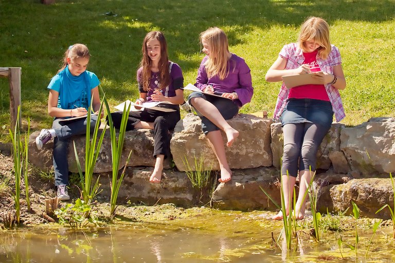 Schülerinnen sitzen auf einer Mauer am Rand eines Teichs und malen.